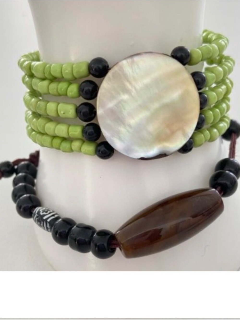 Handmade Multi-Strand Beaded Bracelet With Shell Accent & Wood Beads